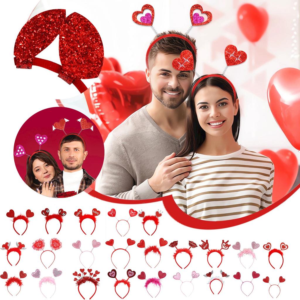 Heart Shaped Glitter Headband with Decorative Tinsel and Flexible Heart Accents for Costume Party Events and Celebrations