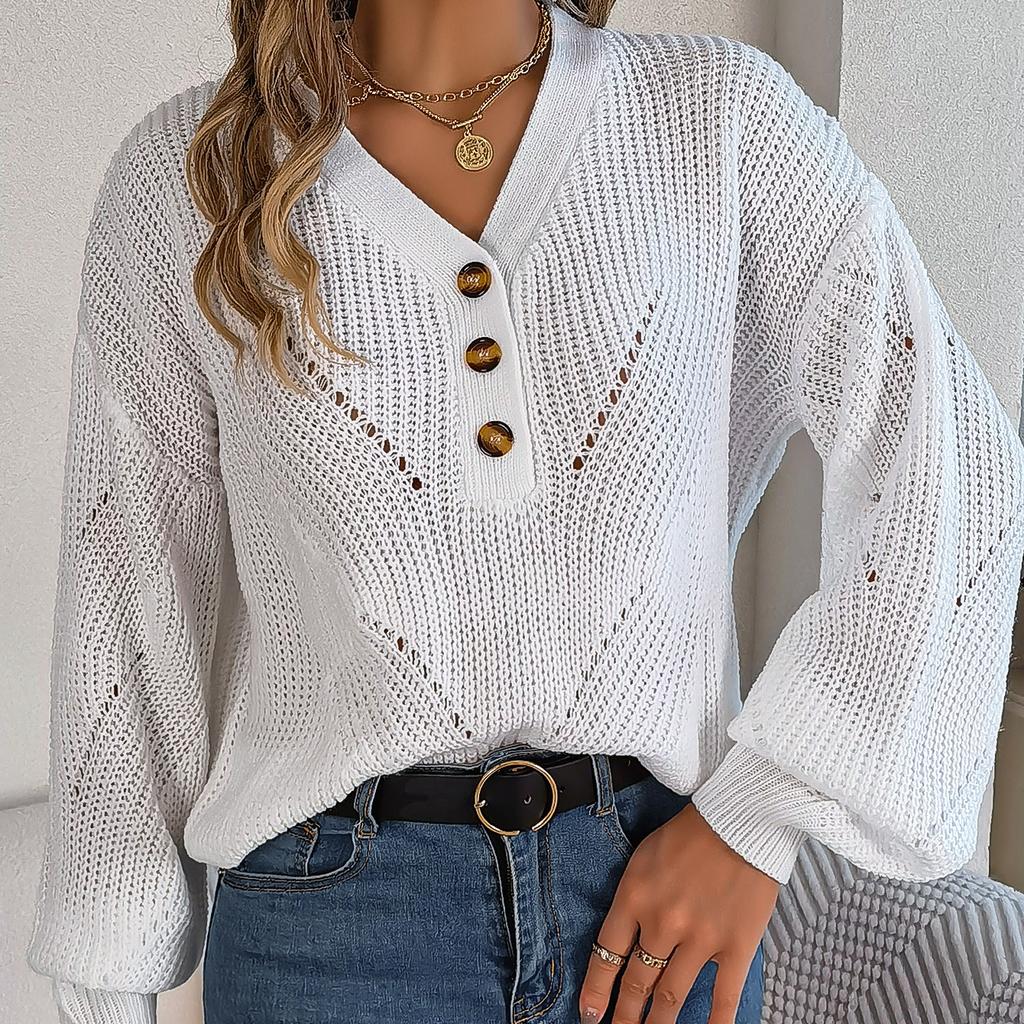 GMXIA Women's Fashion Casual Solid Color Autumn Winter Long Sleeve V-neck Loose Hollow-out Button Lantern Sleeve Pullover Sweater