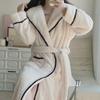 Women's Off-White Long Flannel Bathrobe - Winter Coral Fleece Pajamas with Lace-Up Design.