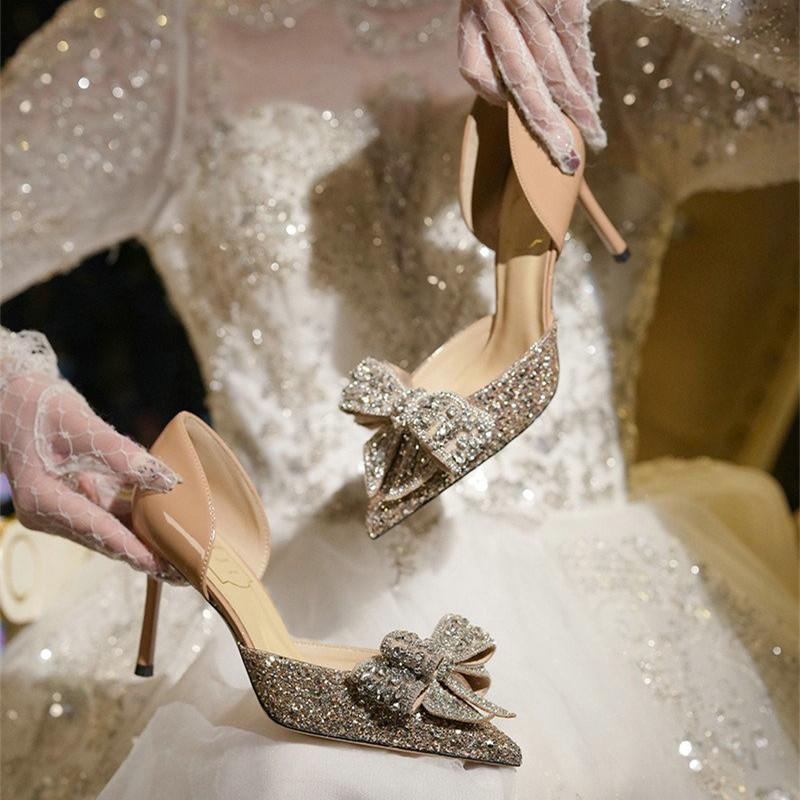 Fashion French Goat Leather Shoes Butterfly Wedding Shoes Women'S Heels Fine Heel Pointed Crystal Wedding Shoes Not Tiring Feet