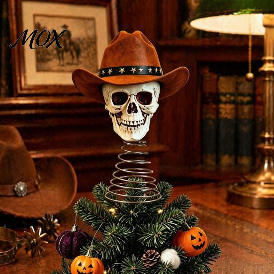 American Wilderness Skull Ornament Gothic Tree Topper with Cowboy Hat, Vintage Western Unique Tabletop Figurine Skeleton for Halloween, Spooky