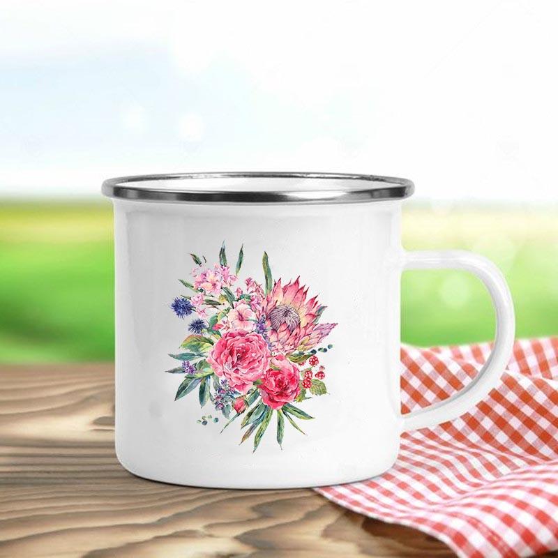 Цветочный принт ретро эмалированные кружки креативные кофейные чашки летние напитки для пикника на свежем воздухе сок молоко походные кружки ручка посуда для питья подарки