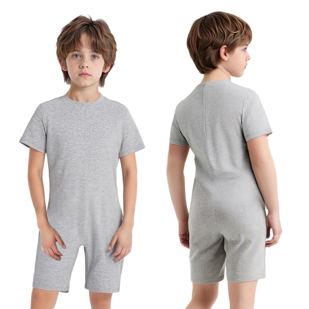 Kids Girls Boys Adaptive Clothing Round Neck Short Sleeve Back Zipper Solid Color Jumpsuit