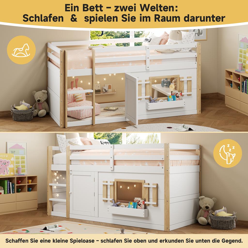 Bunk Bed (90 x 200 cm), Loft Bed, Multifunctional Children's Bed with Ladder, Can Be Built Under as a Play Area, Without Mattress, White