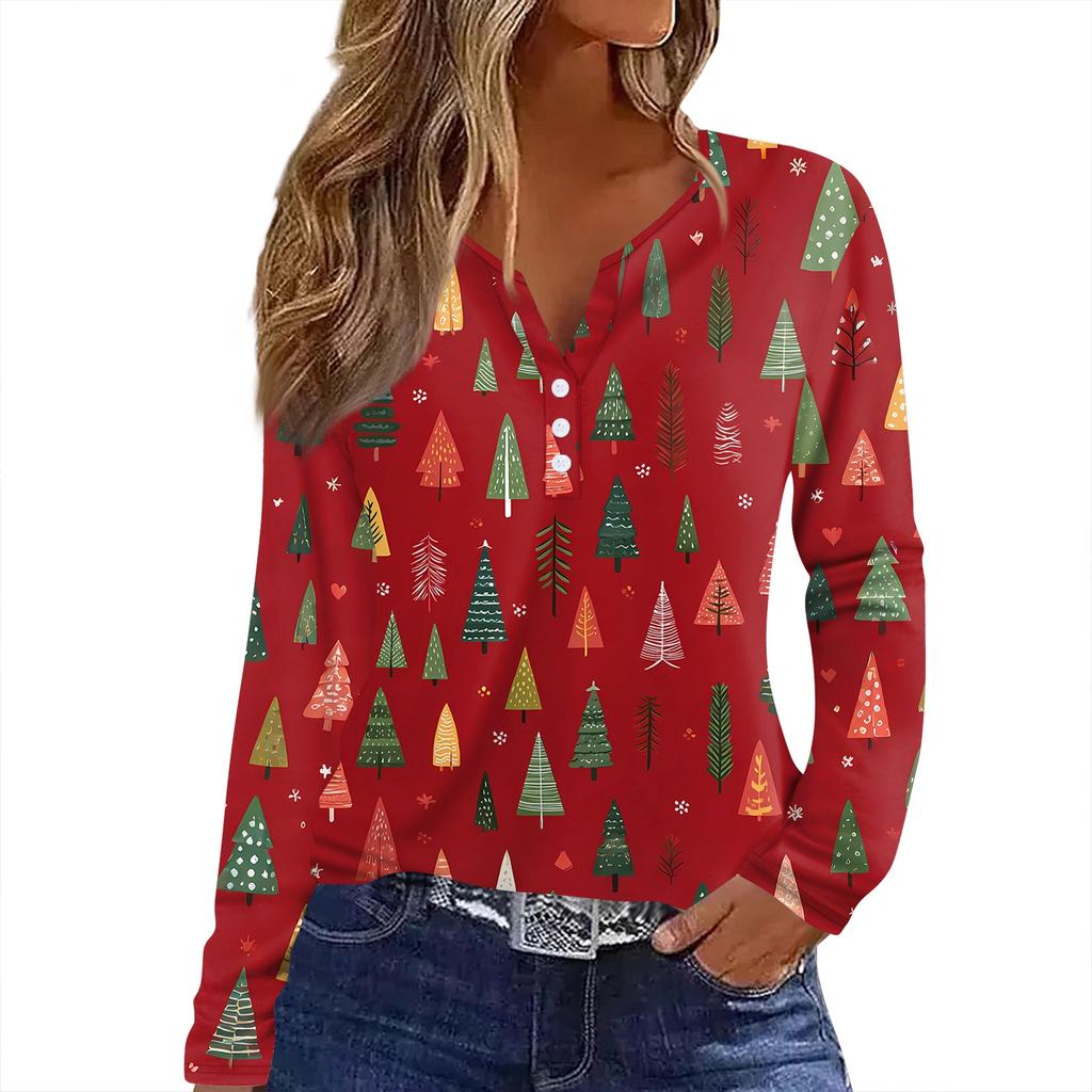 Женская футболка с рождественским принтом на пуговицах с длинным рукавом, повседневная, выходного дня, модная, базовая, с V-образным вырезом, обычная