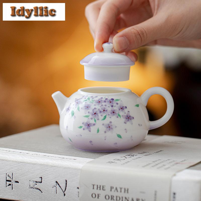 100ml Jade Mud Hand-painted Purple Flower Teapot Aesthetic Tea Infuser Pot Tea Maker Kettle With Ball Hole Teaset Decoration