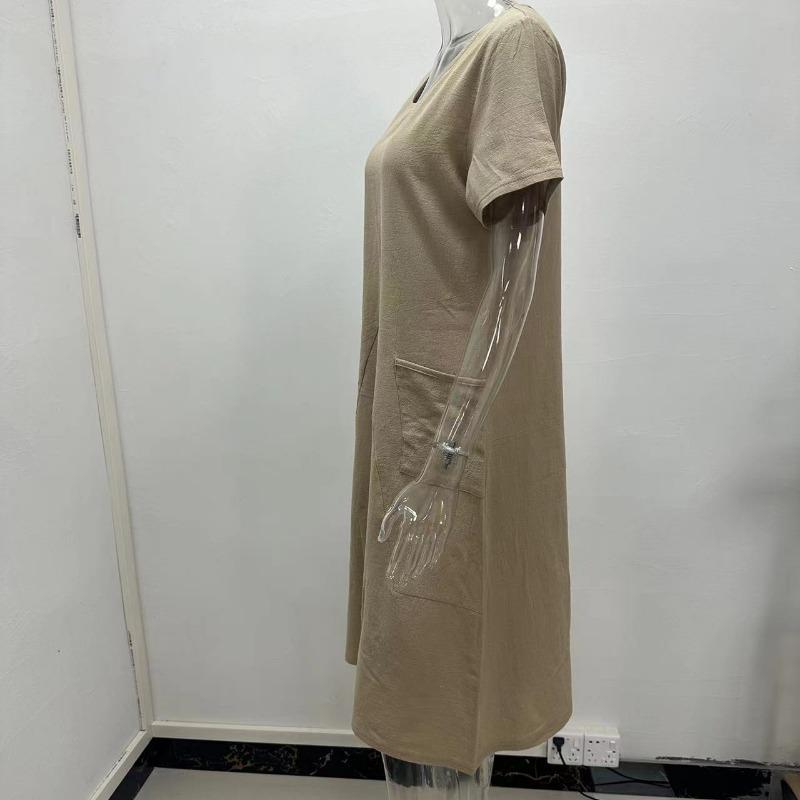 Летние новые свободные платья больших размеров из хлопка и льна, женские однотонные повседневные платья с круглым вырезом и короткими рукавами, женские трапециевидные элегантные винтажные женские платья 24463