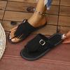Fashion Large Size Flat Bottom Clip Toe Slippers Women 2025 New Tassel Belt Buckle Decoration Outer Wear Beach Slippers Casual Shoes