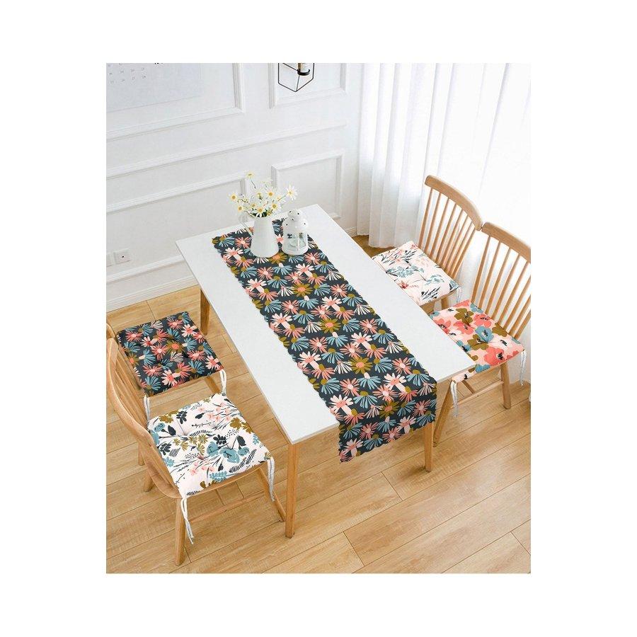 Набор подушек для стула с цветочным узором, цифровая печать / 4 квадратных подушки для стула 40 × 40 см и 1 дорожка