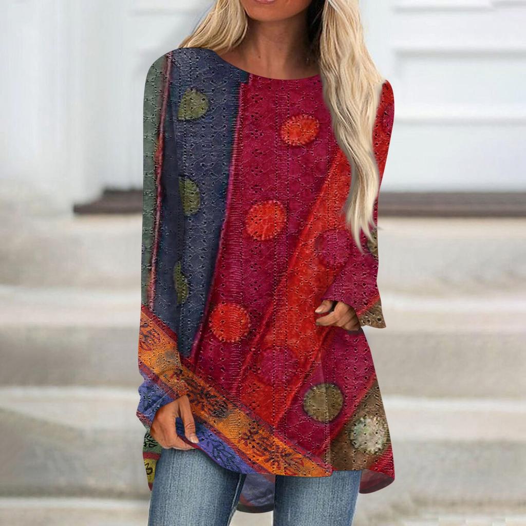 Womens Tops Round Neck Long Sleeve Blouses Casual Mid-length Shirts Fashion Print Tunic Tops