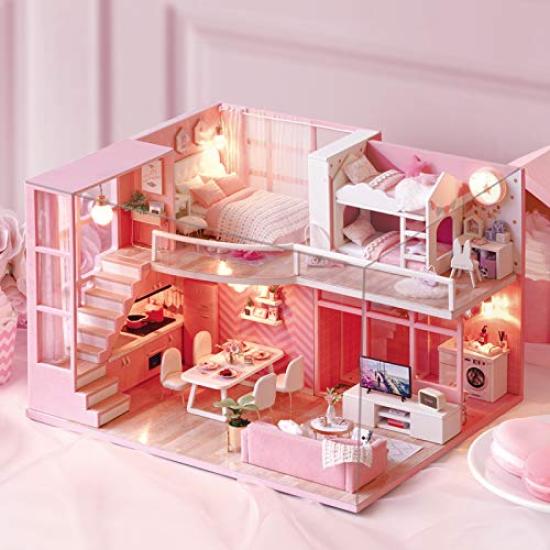 CUTEROOM DIY Деревянный кукольный домик с LED-подсветкой и музыкальной шкатулкой, пылезащитный чехол, набор мебели и миниатюрных аксессуаров, Ручной работы миниатюрный дом, Подарок