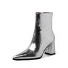 New Spring Fashionable Silver Patent Leather Women Ankle Boots Pointed Toe Square High Heels Shoes Luxury Boots Zapatos De Mujer