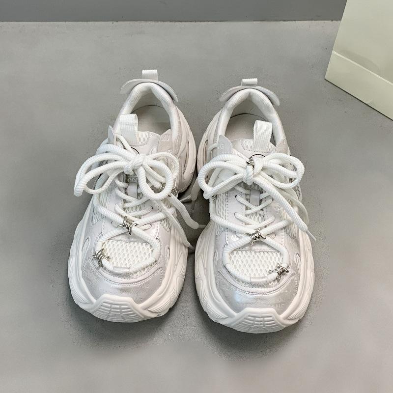 Women'S Breathable Single Mesh Leather Thick Bottom Dad Shoes Casual Sports Shoes Increased Height Lace-Up Autumn New Arrival
