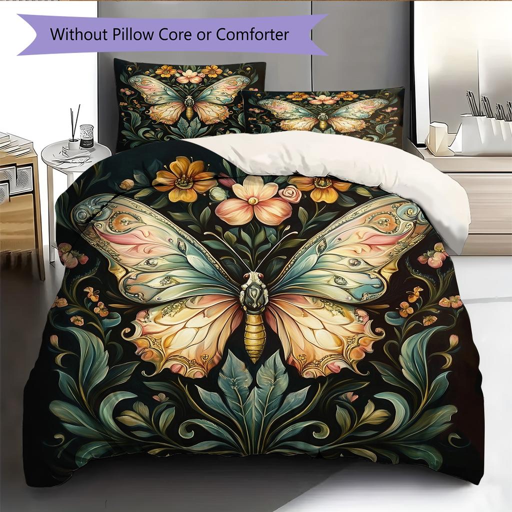 Butterfly in Flower Bushes Pattern Bedding Quilt Set Quilt Cover Pillowcase Home Decoration Gift (1 * duvet cover + 2 * pillowcase, without core)