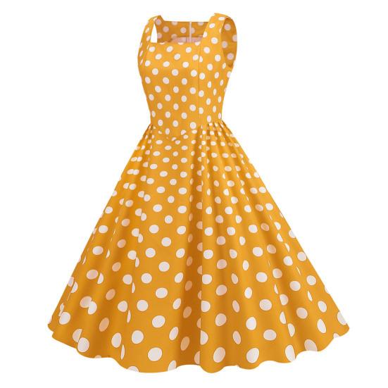 Женское платье трапециевидной формы в стиле ретро с большими качелями, облегающее, с высокой талией, без рукавов, с квадратным вырезом и точечным принтом