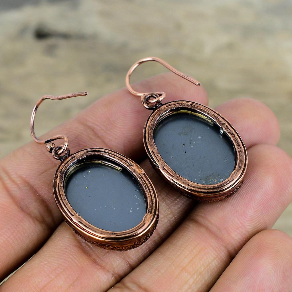 Серьги с драгоценным камнем из шунгита, медные серьги, полученные гальваническим способом, антикварные ювелирные изделия, серьги с камнем по случаю рождения, ювелирные изделия ручной работы, гальванические украшения, подарки на годовщину