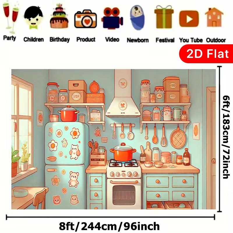 2D Cute Cartoon Kitchen Backdrop Kids Cooking Photography Background Banner