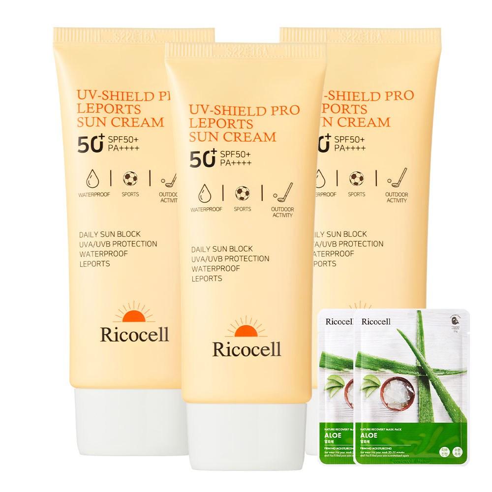 Ricocell Leisure Sports Sun Cream 3 Pieces SPF50+ PA++++ Waterproof Hypoallergenic Family Sunblock Free Gift, 70ml