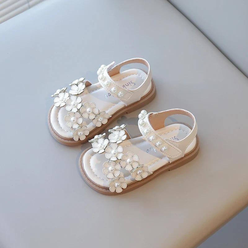 Летняя обувь для маленьких девочек с бусинами, милые детские цветочные сандалии принцессы, с открытым носком, противоскользящие, размеры 21-30, на липучке, богемный, милый