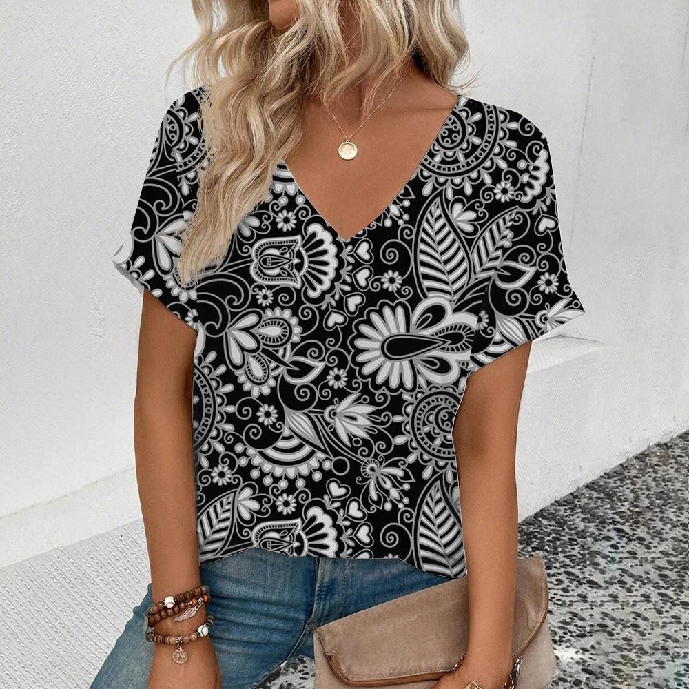 Elegant Women's V-Neck T-Shirt Fashion Floral Pattern Print T-Shirt Popular Women's Short Sleeve T-Shirt Summer Leisure T-Shirt