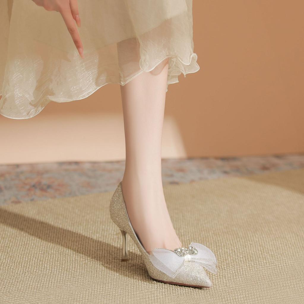Бант со стразами блестящие свадебные туфли банкетные женские туфли на высоком каблуке универсальные высокие чувства