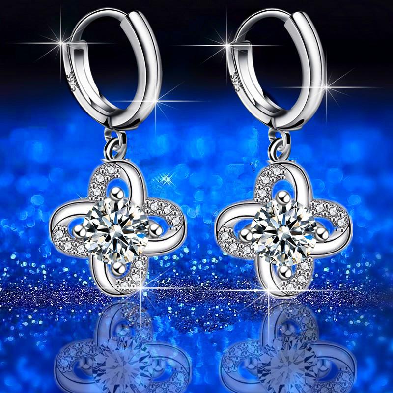 New Silver Plated Earrings Four Leaf Clover Buckle Eternal Flower Women's Drop Earrings with Diamonds