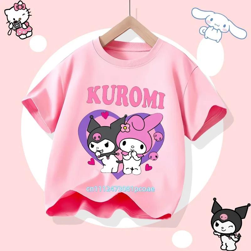 Childrens Tshirt Soft Cute Kuromi Cartoon Printed Parent Child Wear Pure Cotton Casual Boys and Girls Short Sleeve New Style