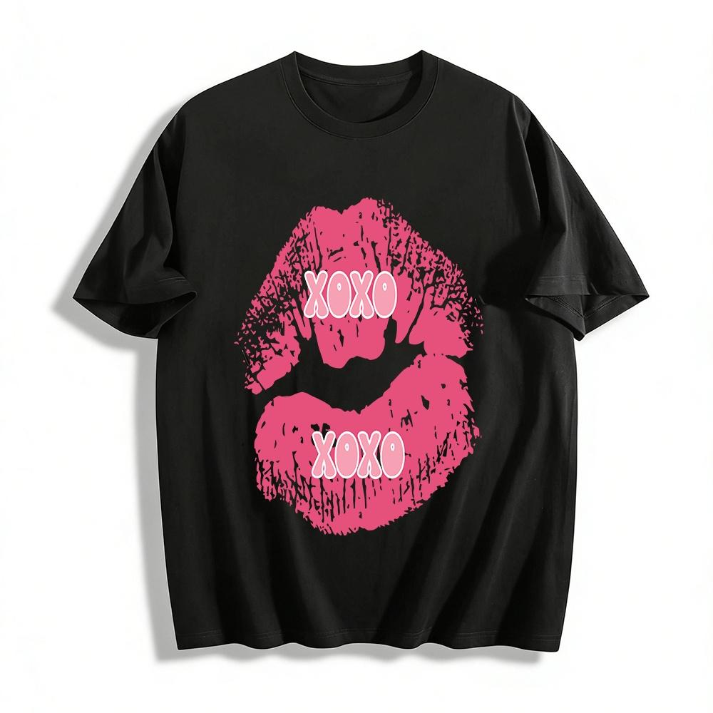 XOXO Отпечаток губ Повседневная футболка Модный свободный топ Для пар Хлопковая футболка