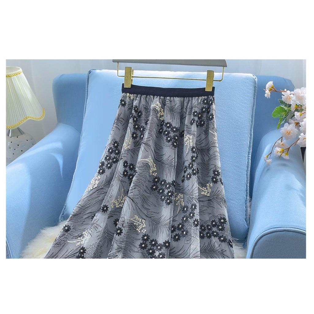 Qooth Women A Line Tulle Embroidered Flowers Skirt Wide Hem Mid Length Elastic Waist Skirt QT2654