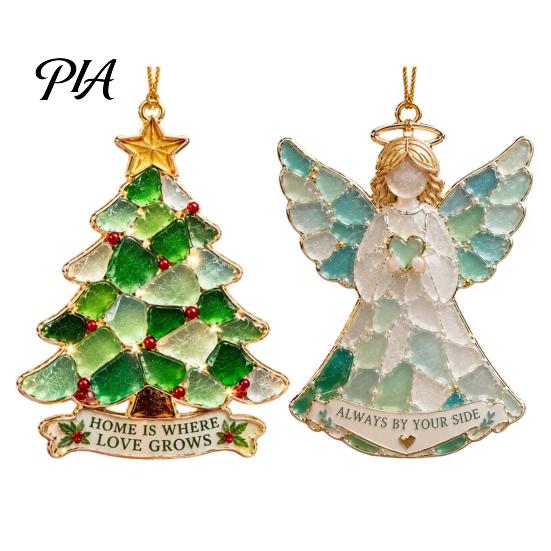 Decorative Acrylic Pendants 2Pcs Sea Glass Christmas Ornament, Seaglass Heart Bird Angel Tree Star Handmade Ornaments Snowman Pendant, Xmas