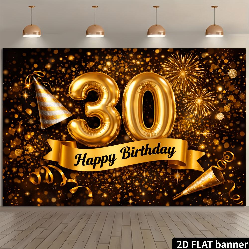 30th Birthday Party Banner Backdrop, Black Gold Luxury Number Balloon Party Cap Trumpet Firework, Polyester, Photo Wall Decor