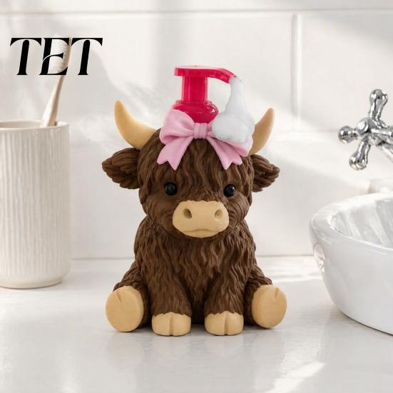 Durable Soap Dispenser Highland Cow Dispenser, Pink Bow Cattle Refillable Hand Bottle, Plastic Empty Pump Bottle for Bathroom, Housewarming