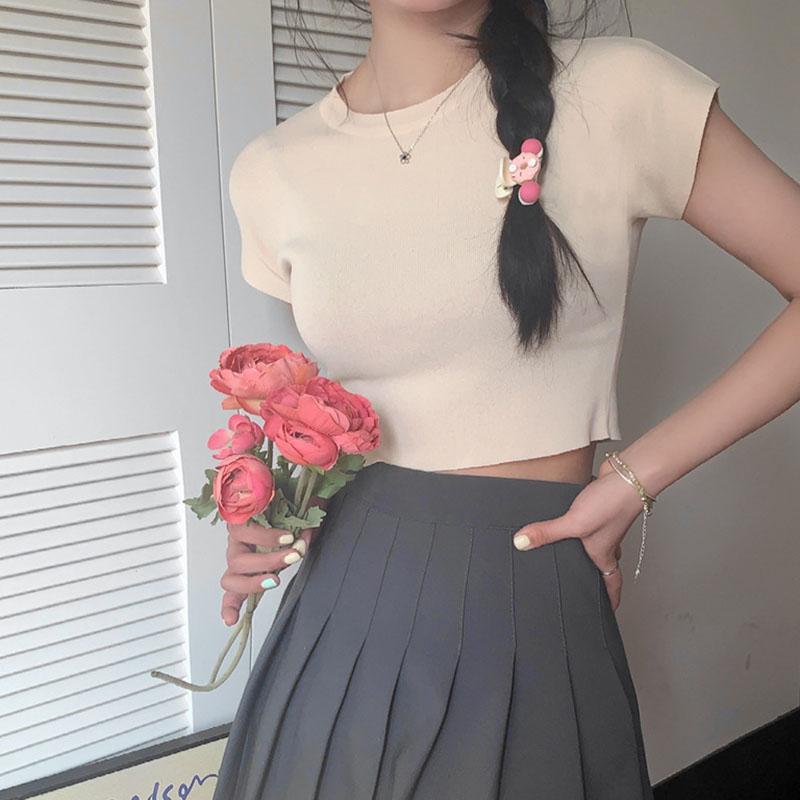 Женская летняя повседневная футболка с коротким рукавом и круглым вырезом, однотонная футболка с голым животом, укороченный топ