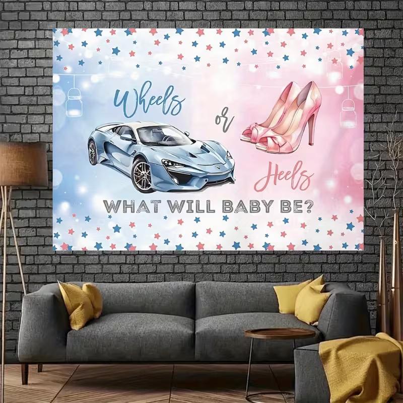 2D Wheels or Heels Baby Shower Tapestry, Boy or Girl Gender Reveal Background