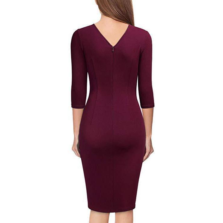 Women V-Neck Dress 3/4 Sleeves Pencil Midi Dress Solid Color Party Club Dress Elegant Office Business Dress