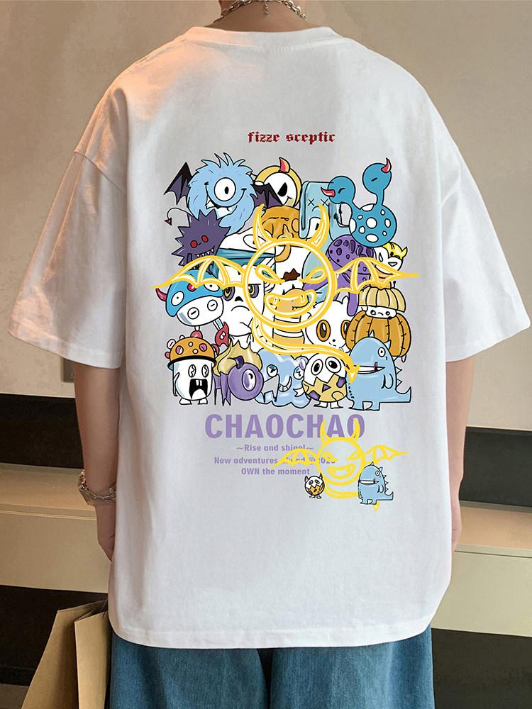 Pure Cotton Shortsleeved Tshirt for Unisexs Summer A New Cartoonprinted Casual Halfsleeved Loose Top with A Hong Kong Style
