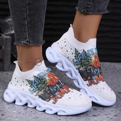 Модные кроссовки на платформе с принтом, женские, легкие, большого размера, со стразами, на плоской подошве, женские, удобные, дышащие, сетчатые, для ходьбы