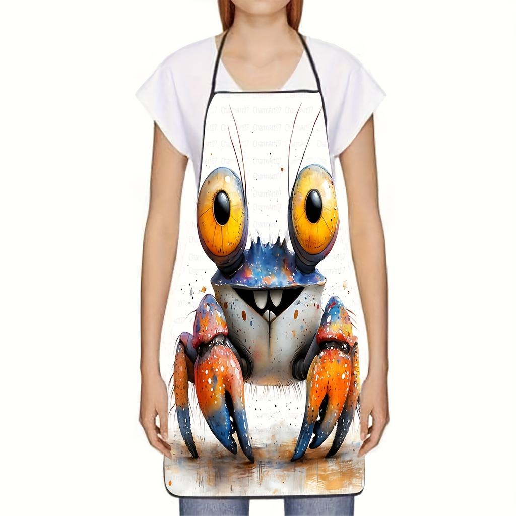 1pc Colorful Cartoon Crab with Large Eyes Printed Sleeveless Polyester Apron for Home Kitchen Baking Work. This Durable, Comfortable, Fun, And Practic