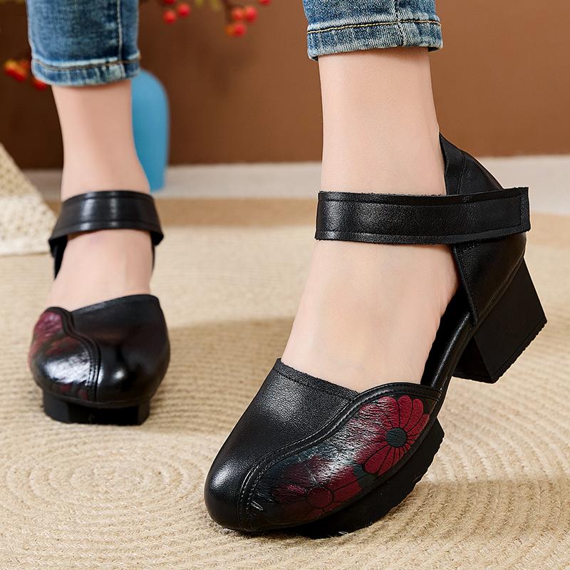 Fashion GKTINOO 2025 New Women Sandals Summer Genuine Leather Thick Heels Sandals Ethnic Style Round Toe Casual High Heel Mom Shoes