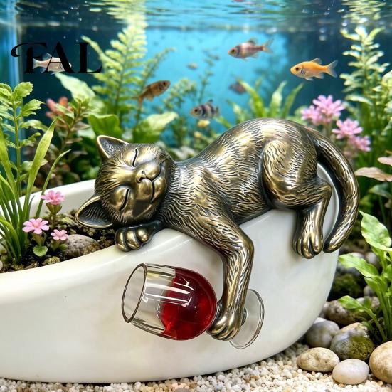 Unique Housewarming Present Drunken Cat Statue Planter Hanger, Whimsical Flower Pot Ornament, Decorative Kitten Figurine Resin Cute for Edge