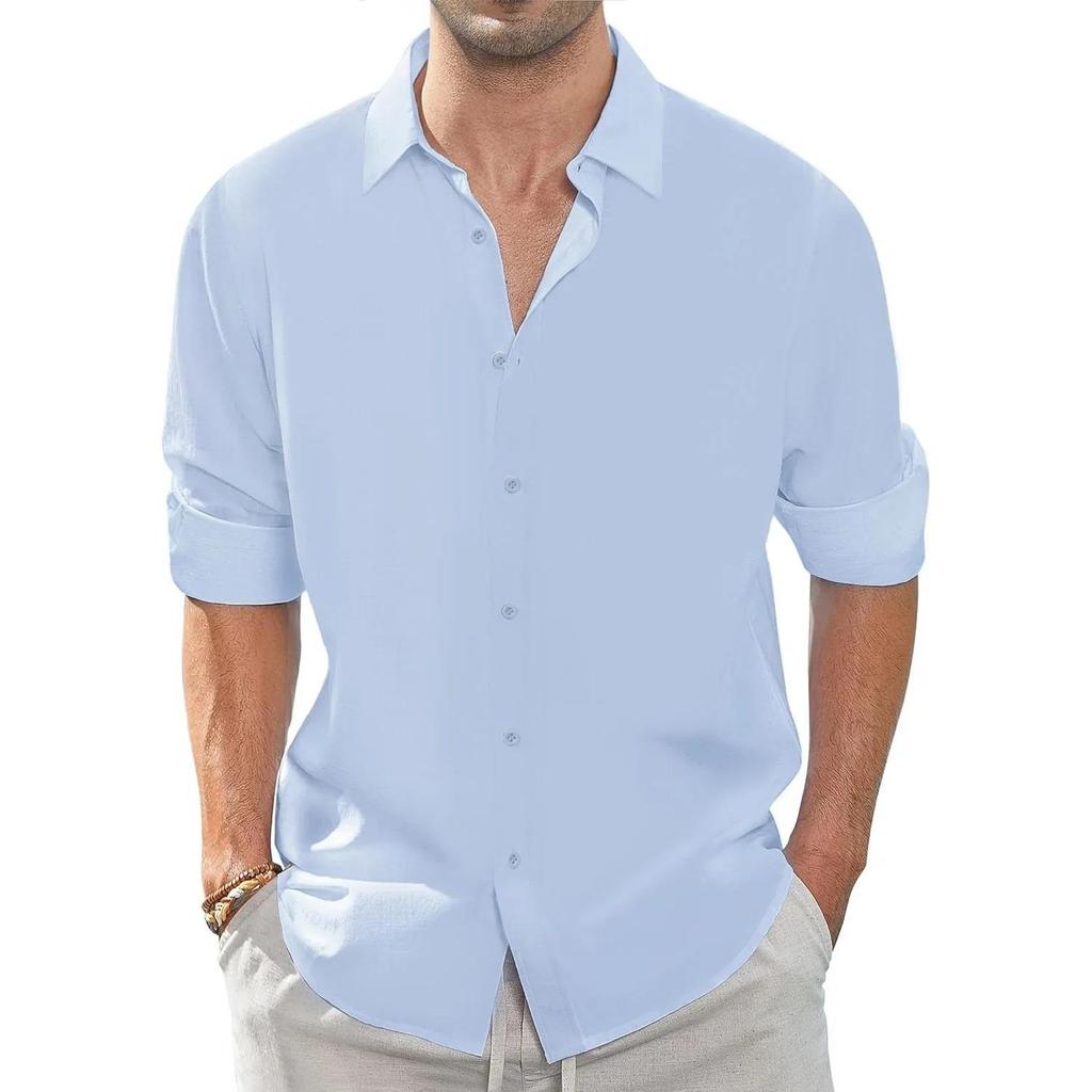 Осень Новая Мужская Рубашка Повседневная Хлопок Лен Дышащая Базовый Стиль Однобортная Мужская С Лацканами Верх