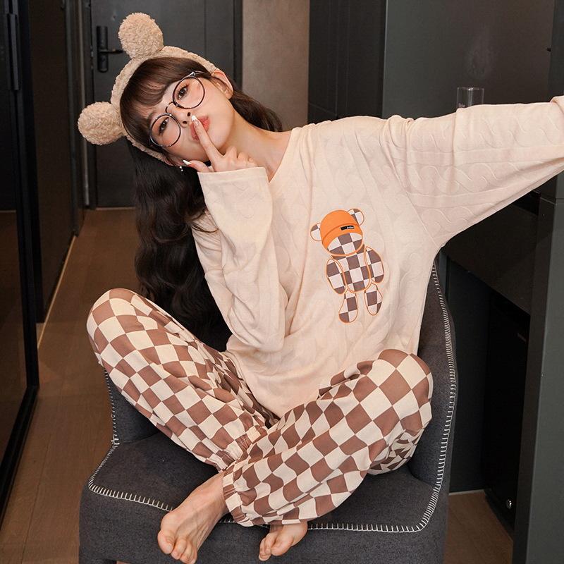 Пижамы с принтом, комплект из двух предметов, студенческий корейский, свободный, повседневный, с круглым вырезом, с длинными рукавами, весенне-осенний, сладкий, негабаритный, шикарный тренд