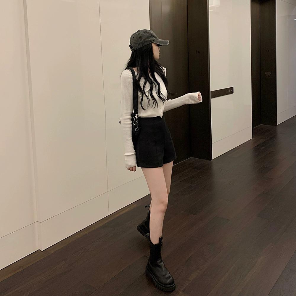 Женские шерстяные шорты с высокой талией - Универсальные осенне-зимние шорты-буткаты черного/абрикосового цвета.