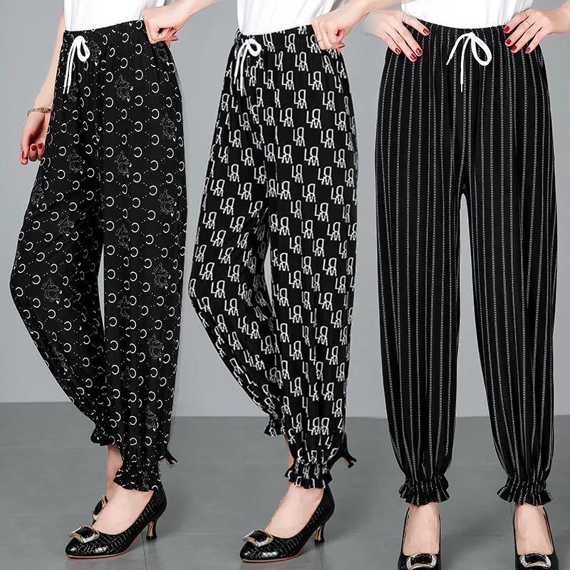 Укороченные брюки, женские летние брюки с тонкой эластичной резинкой на талии, большие размеры, брюки для среднего и пожилого возраста, шаровары