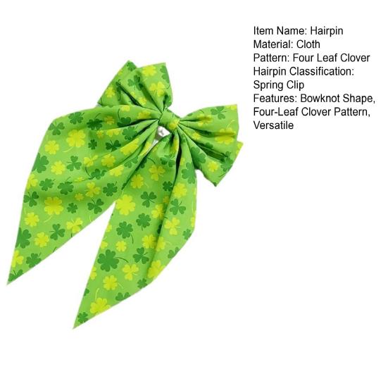 Заколка для волос из зеленой ленты с бантом и узором в виде четырехлистного клевера, пружинная заколка для затылка, заколка для волос в милом стиле