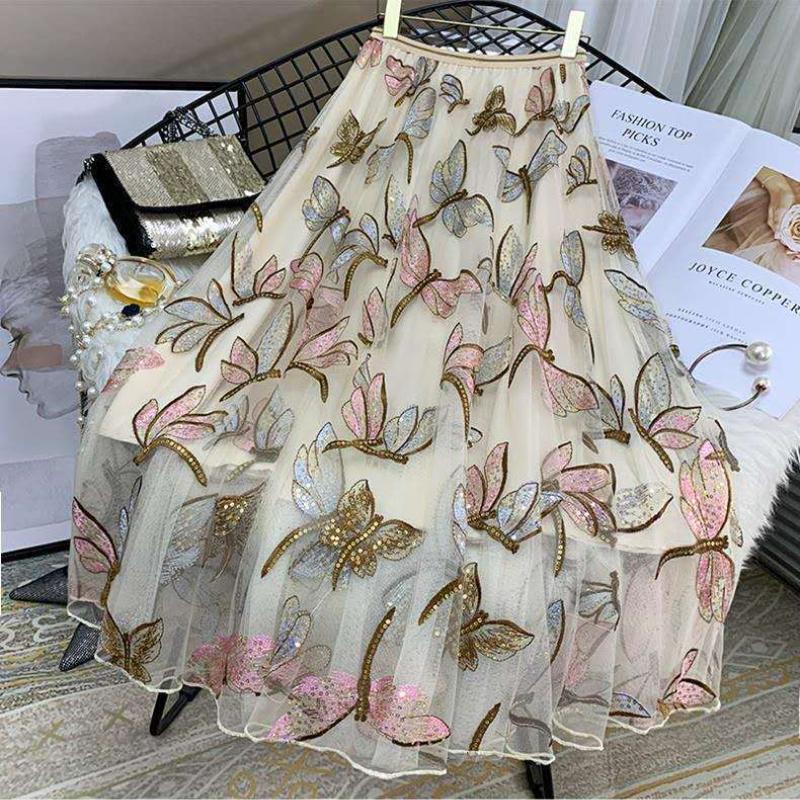 Heavy Industry Sequin Embroidery Women's Skirt Draped Mesh Skirt Medium Length Fashion Solid Color Versatile Pleated A-line Super Fairy Skirts