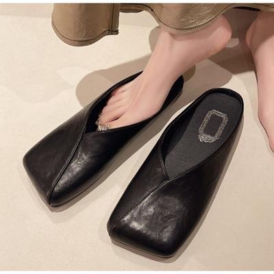 Модные Новые Женские Мюли Лето Элегантные Квадратный Закрытый Носок Плоские Шлепанцы Женская Обувь Повседневная Кожа Черный Белый Слайды Большой Размер 35-42