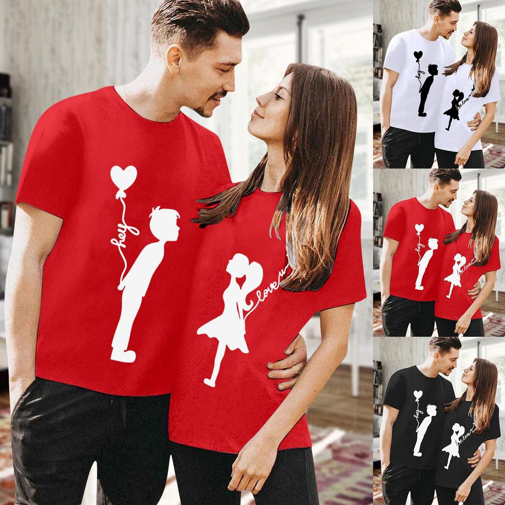 Polyester 100% Valentine's Day T-shirts for Couples, Short-sleeved, Versatile, Round-neck, Cute Printed Designs for Both Men Women
