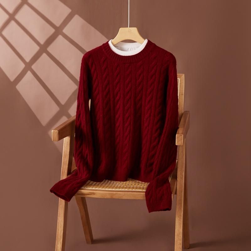 Retro Style Round Neck Cashmere Clothes Women'S Loose Inner Cover Thickened Bottom Sweater Women'S Autumn And Winter New Flower Solid Color Knitted