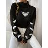 Butterfly Pattern Turtle Neck Pullover Sweater, Casual Long Sleeve Crop Sweater, Women's Clothing